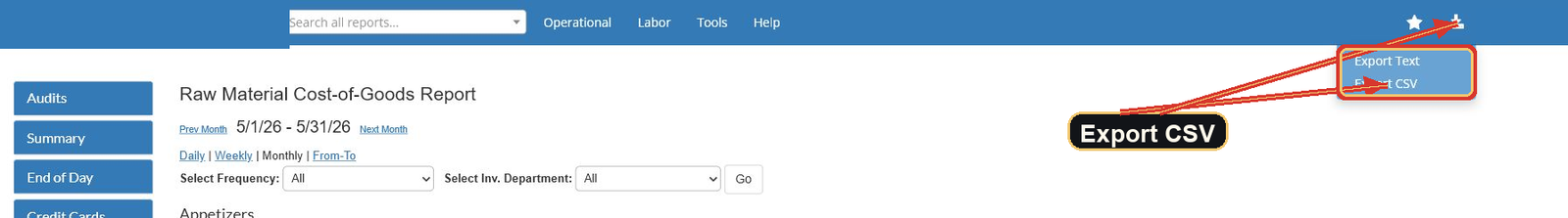 FoodTec export menu with arrows pointing to the export icon and Export CSV